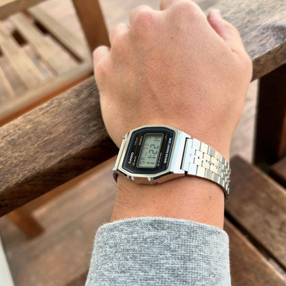 Retro Digital Watch – Stainless Steel, Water Resistant, Alarm, Chronograph