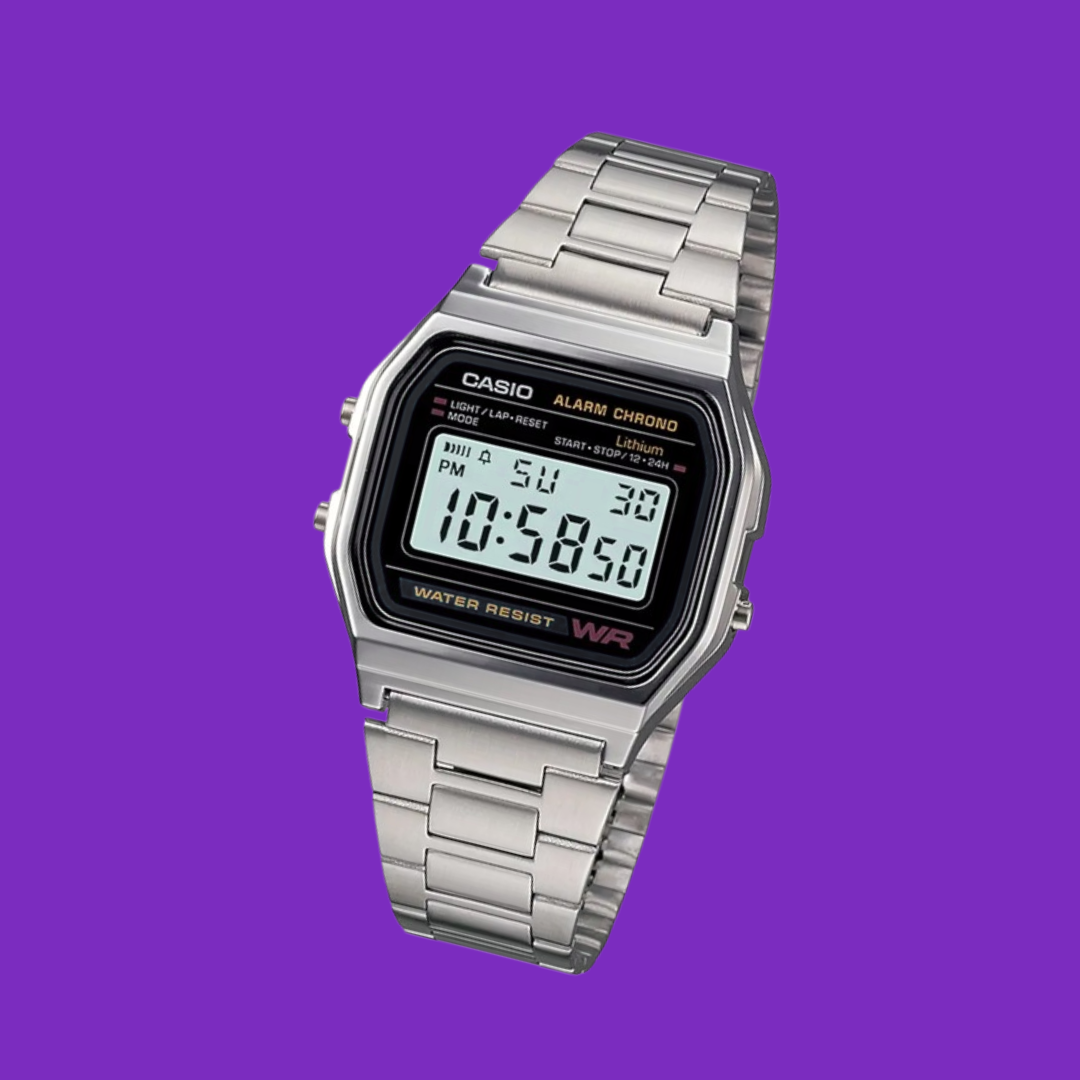 Retro Digital Watch – Stainless Steel, Water Resistant, Alarm, Chronograph