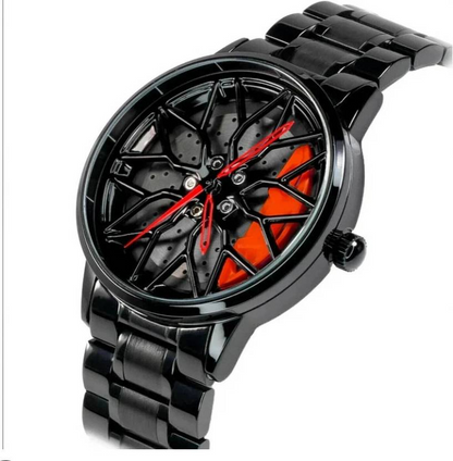 Sporty Alloy Wheel Dial Watch ⌚ | Luxury Black Steel Strap 🖤