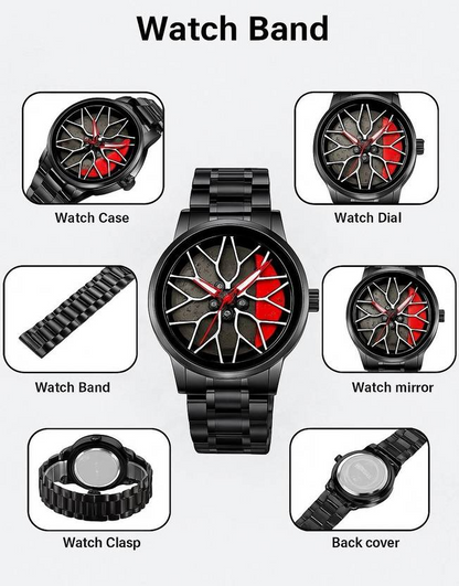 Sporty Alloy Wheel Dial Watch ⌚ | Luxury Black Steel Strap 🖤