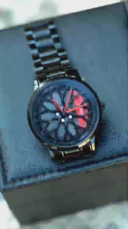 Sporty Alloy Wheel Dial Watch ⌚ | Luxury Black Steel Strap 🖤