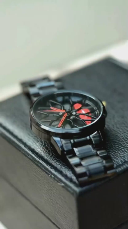 Sporty Alloy Wheel Dial Watch ⌚ | Luxury Black Steel Strap 🖤