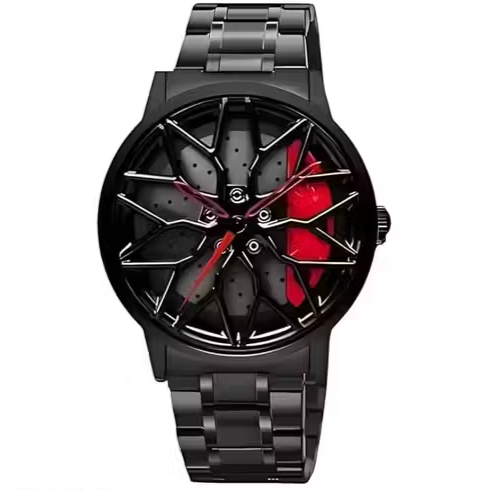 Sporty Alloy Wheel Dial Watch ⌚ | Luxury Black Steel Strap 🖤